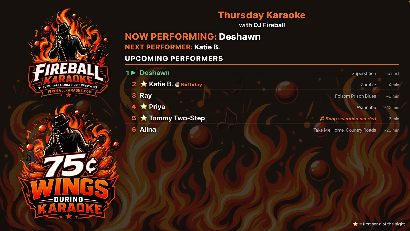 The audience display on a venue screen: host logo, drink special, the show title, who is performing now and next, and the upcoming rotation with wait times.