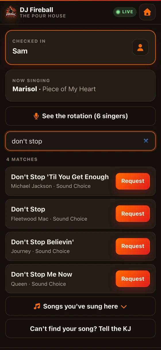 The request page on a phone: a search box, matching karaoke tracks, and the singer's own spot in the rotation.