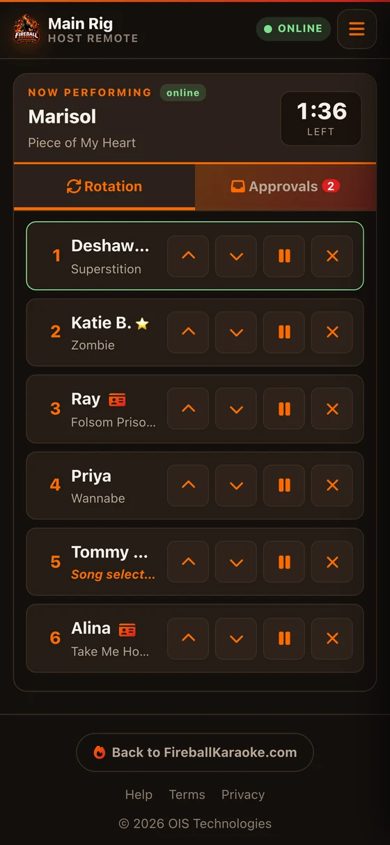 The host remote on a phone: the live rotation with reorder and pause controls, and an approvals tab showing two waiting requests.
