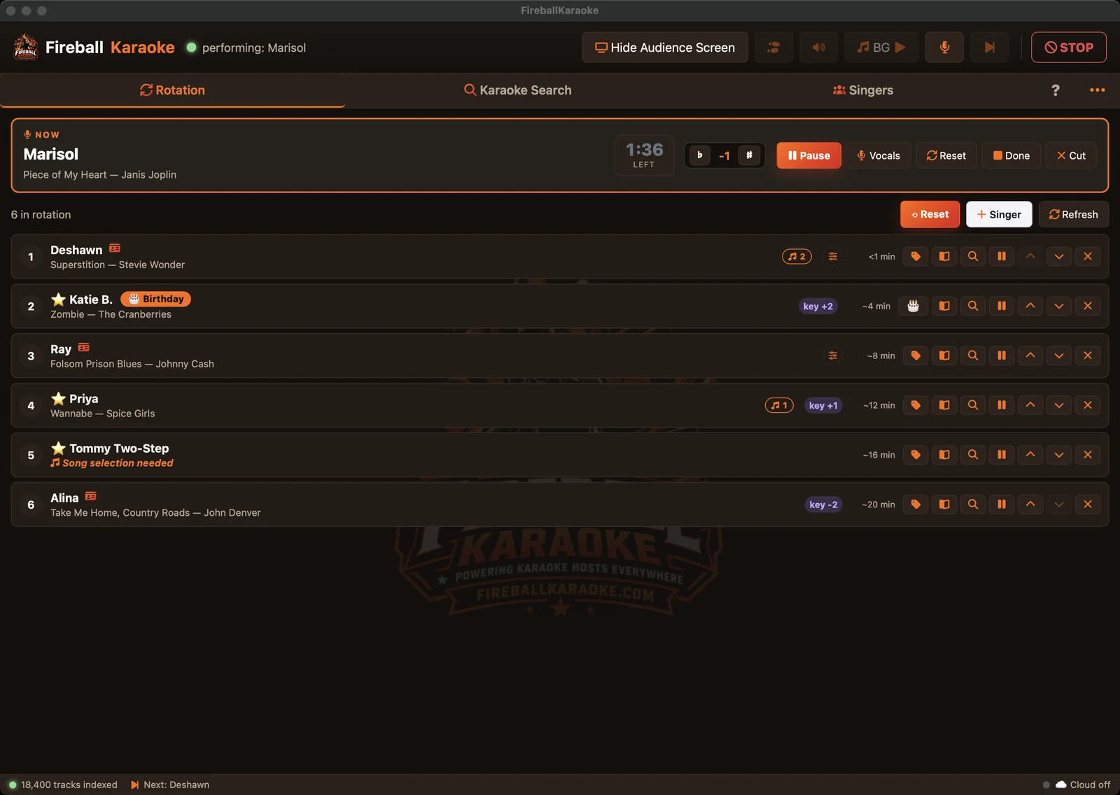 The FireballKaraoke plugin running a show: a singer performing with a countdown, and six more in the rotation with their songs and saved key changes.