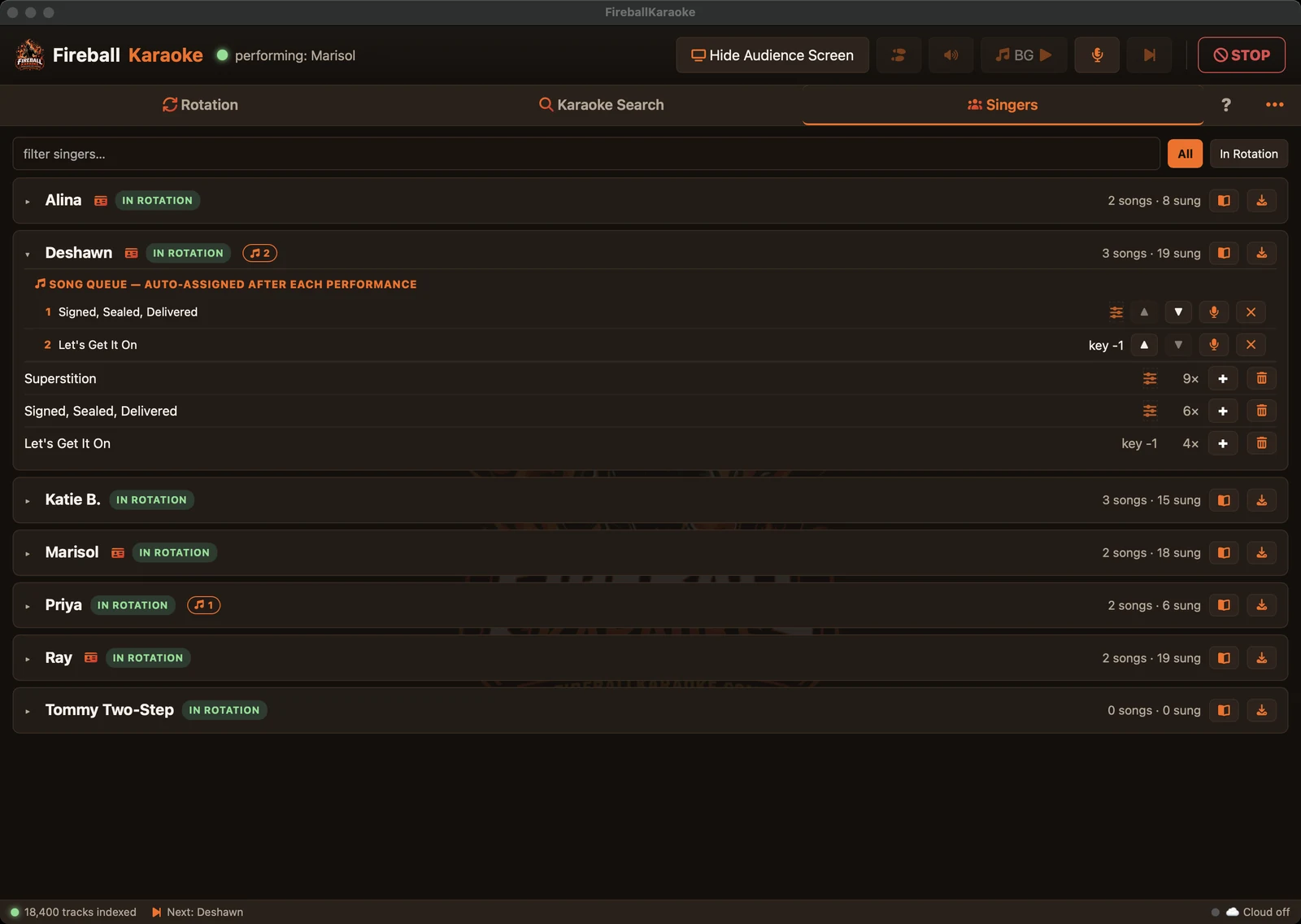 A singer's profile expanded: their song history with how many times they have sung each one, their saved key changes, and songs queued up for them.